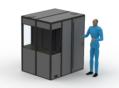 An illustration of the Compact-12 sound isolation booth with a person next to the booth.