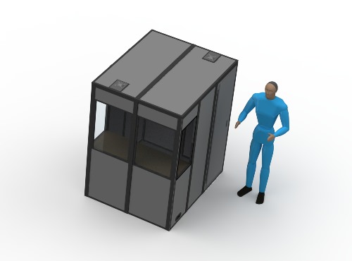 an illustration of the compact-12 booth with a table inside and a person next to the booth