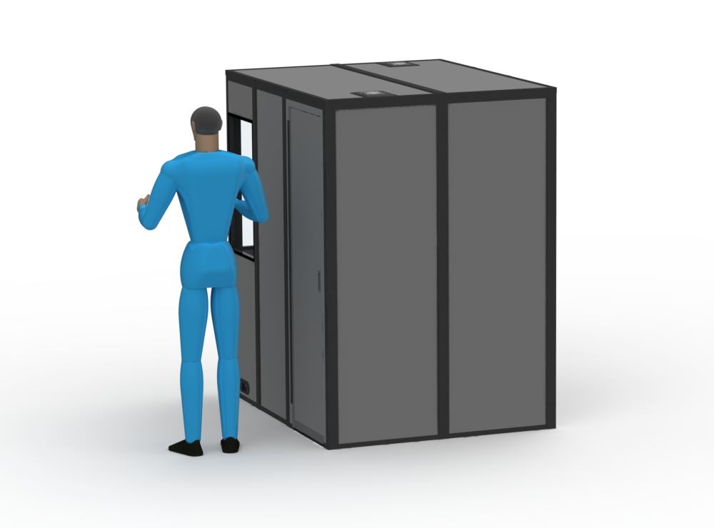 An illustration of the rear of the compact-12 sound isolation booth with a person next to the booth.