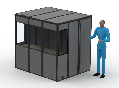 An illustration of the l-15 sound isolation booth with a table inside and a person next to the booth.