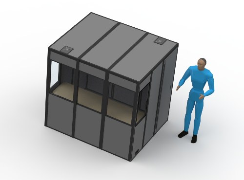 an illustration of the l-15 booth with a table inside and a person next to the booth