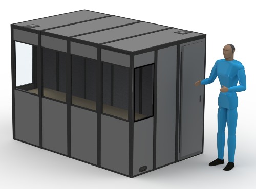 An illustration of the l-18 sound isolation booth with a person standing next to the booth.
