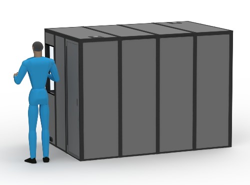 An illustration of the rear of the l-18 sound isolation booth with a person standing next to the booth.