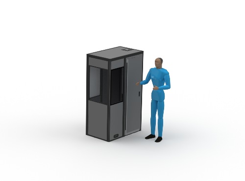 An illustration of the l-7 sound isolation booth with a person next to the booth.