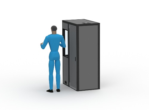 An illustration of the rear of the l-7 sound isolation booth with a person next to the booth.
