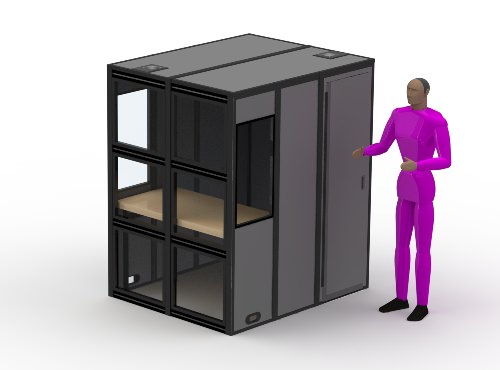 an illustration of the p-12 sound isolation booth with a person next to the booth