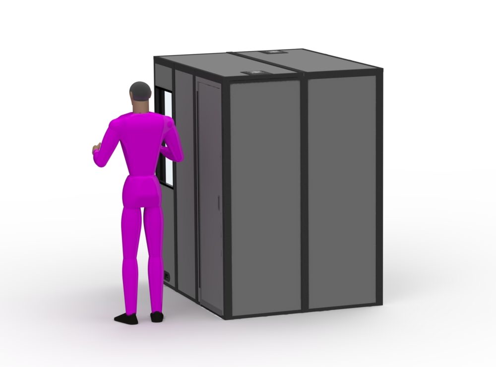 an illustration of the rear of the p-12 sound isolation booth with a person standing next to it