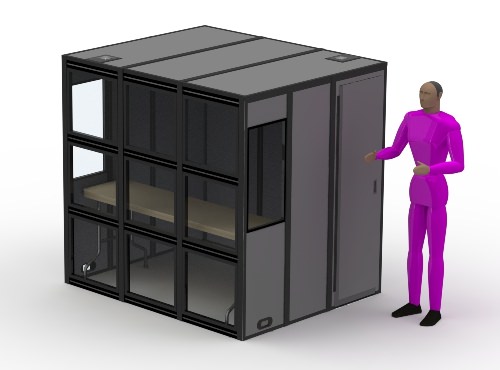 An illustration of the p-15 sound isolation booth with a person next to the booth.