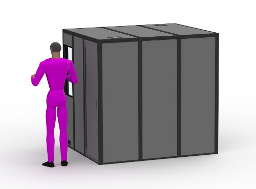 An illustration of the rear of the p-15 sound isolation booth with a person standing next to the booth.