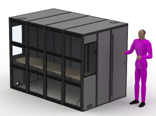 An illustration of the p-18 sound isolation booth with a person standing next to the booth.