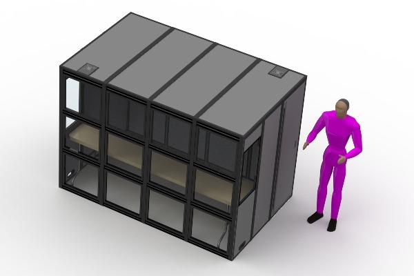 an illustration of the p-18 booth with a table inside and a person next to the booth