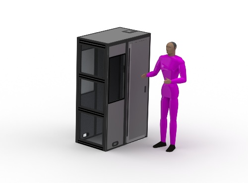 An illustration of the p-7 sound isolation booth with a person standing next to the booth.