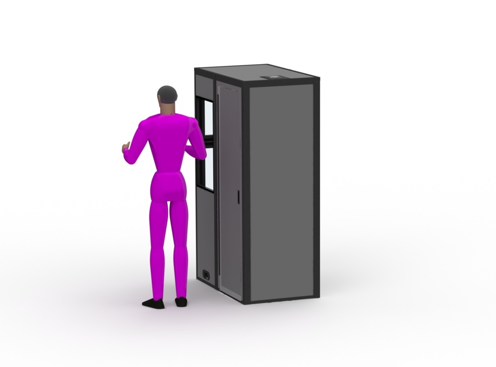 An illustration of the rear of the p-7 sound isolation booth with a person standing next to the booth.