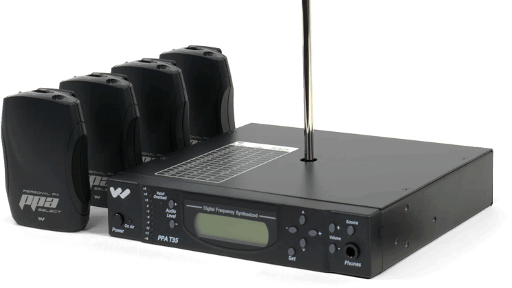 Stationary FM transmitter and receivers for assistive listening