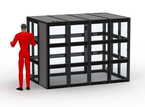 an illustration of the rear of the w-18 sound isolation booth with a person standing next to it