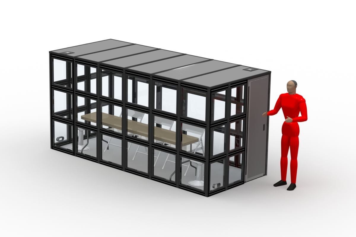 The W-24 isolation booth designed for five people: three white chairs on one side of a 96 inch by 18 inch wide table, and white stools at the heads.