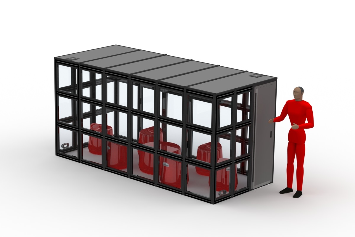 The W-24 isolation booth designed for six people: a 30 inch diameter round occasional table with six red stools sized 19 1/4 inches in diameter.