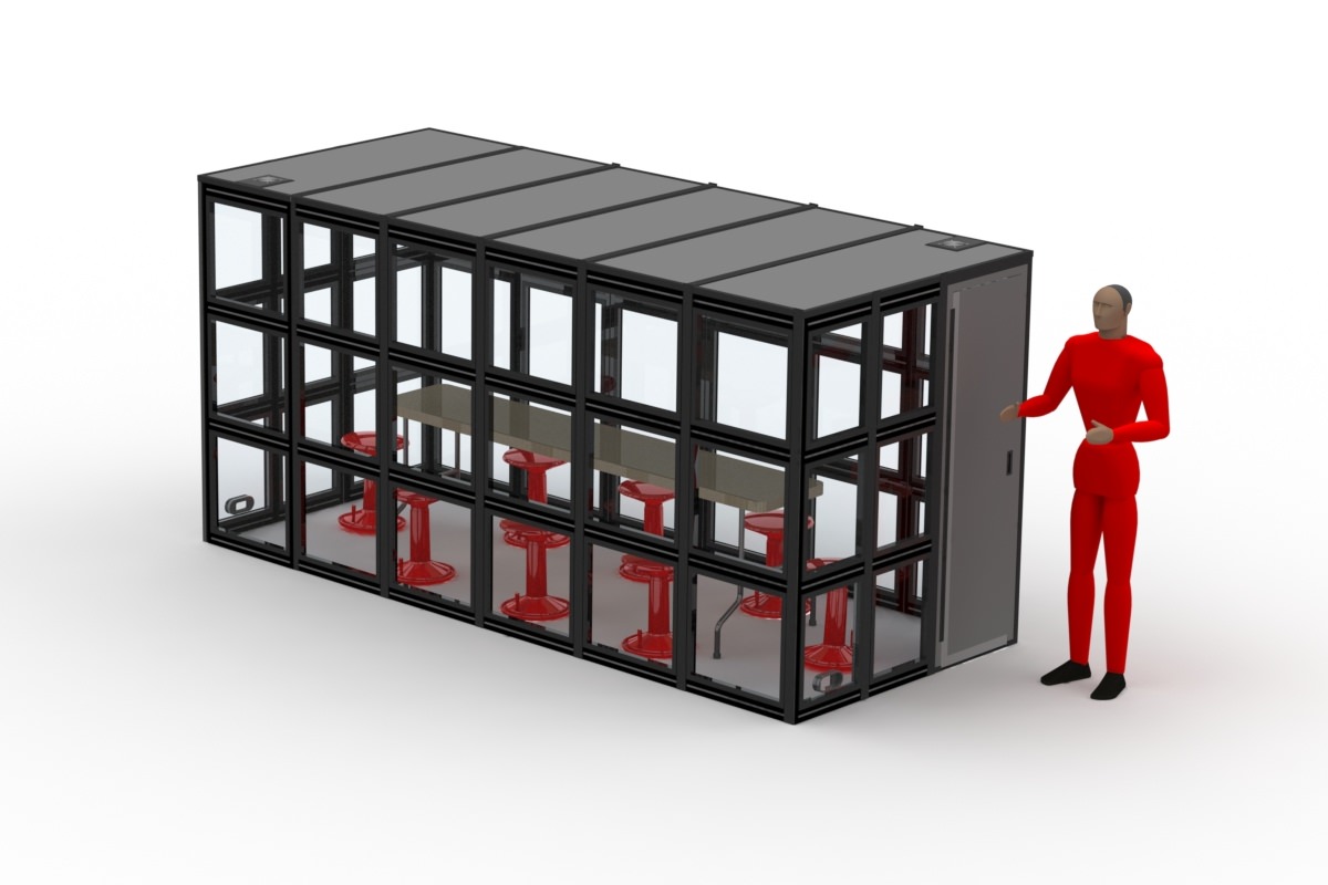 The W-24 isolation booth designed for eight people: red stools on each side of a 96 inch by 18 inch wide table, and red stools at the heads.