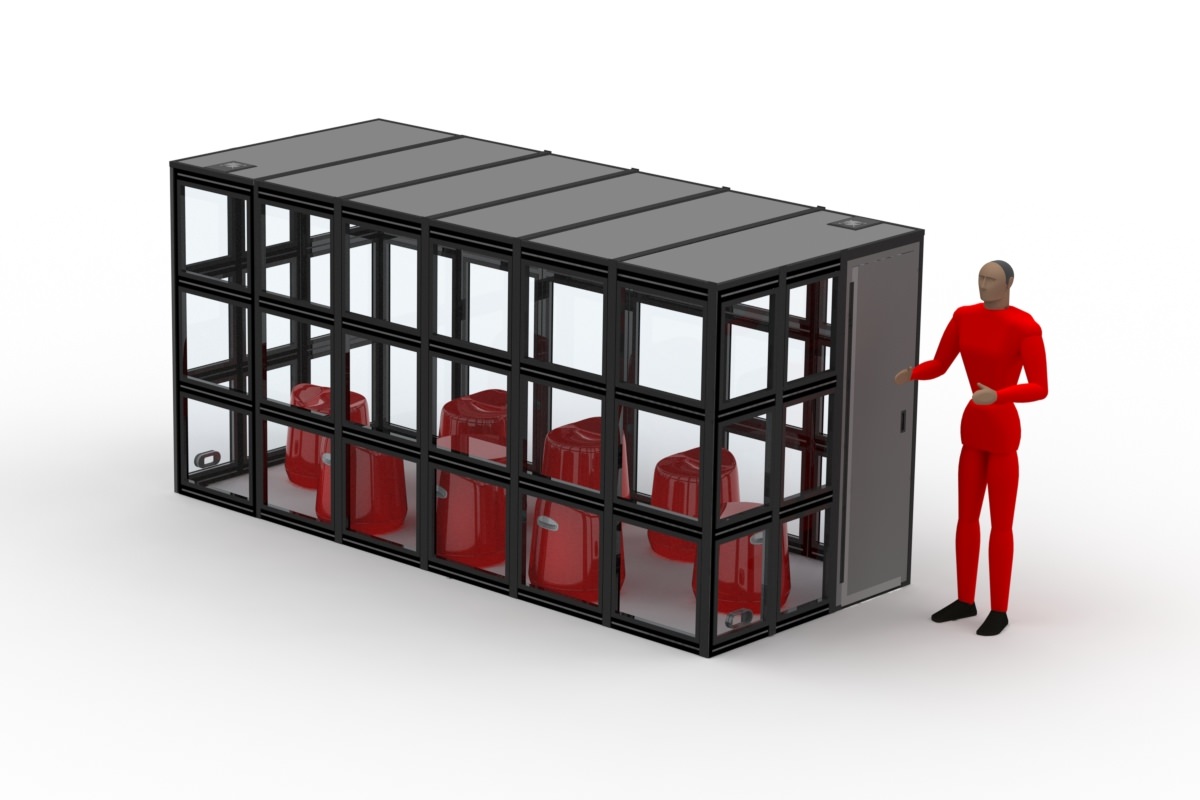 The W-24 isolation booth designed for eight people: eight red stools sized 19 1/4 inch in diameter.
