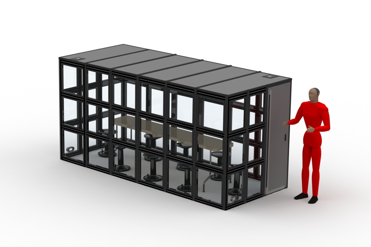 The W-24 isolation booth designed for eight people: black stools on each side of a 96 inch by 18 inch wide table, and black stools at the heads.