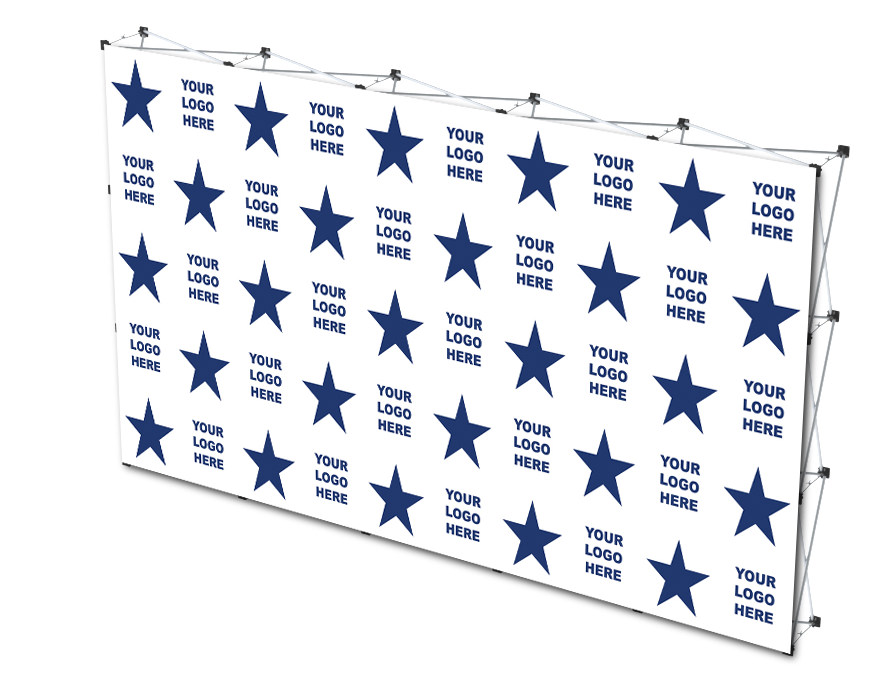 backdrop repeated with blue stars and space for a logo text against a white background