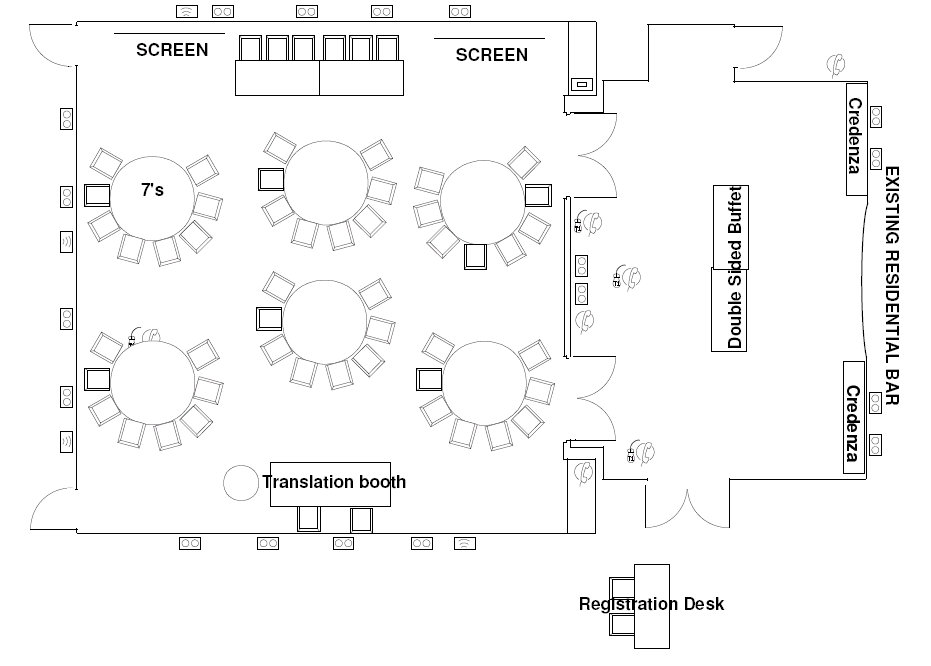 a room layout diagram with multiple round tables