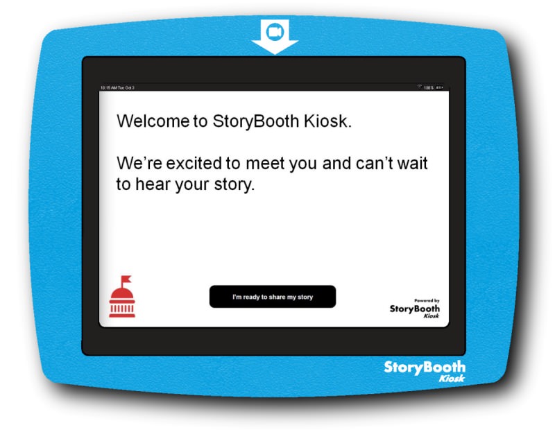 An illustration of a touch screen framed in a blue faceplate with StoryBooth Kiosk featuring an example screen inviting people to share their story.