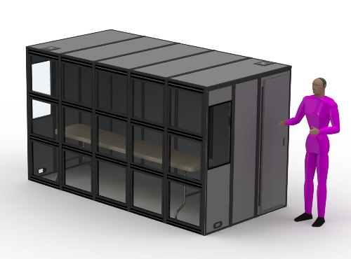 an illustration of the p-21 sound isolation booth with a person standing next to the booth.