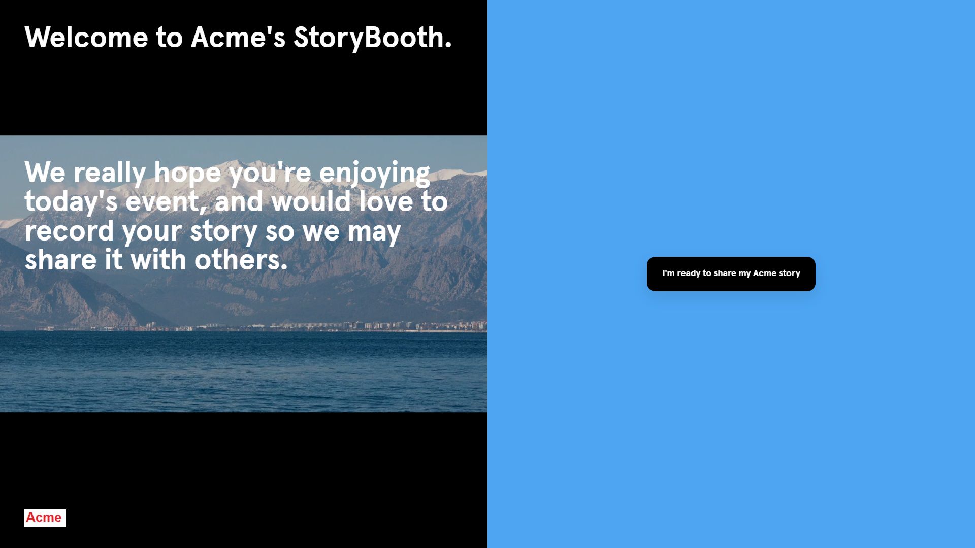 the welcome page of the story booth application demo featuring Acme brand with overlay text