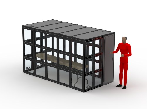 an illustration of the w-21 isolation booth with a person standing next to the booth